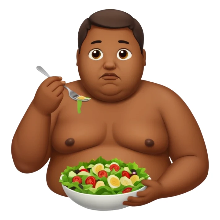 Obese brown man topless eating salad, sad sticker
