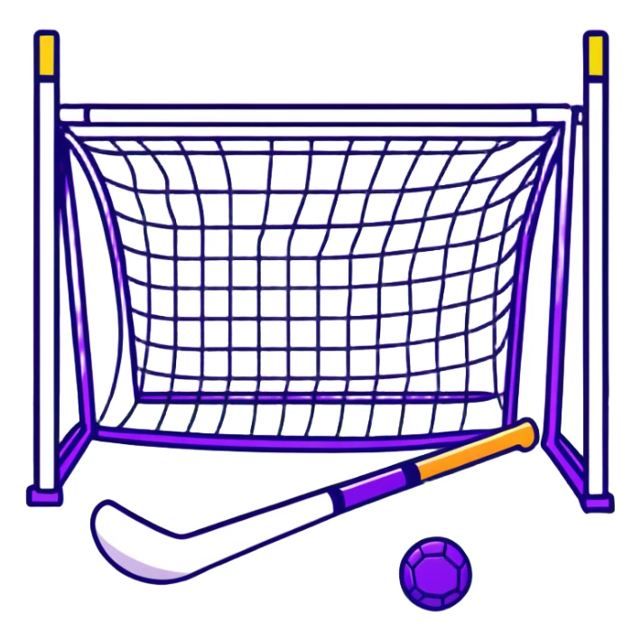 field hockey stick and ball on vibrant green grass field with goalposts sticker