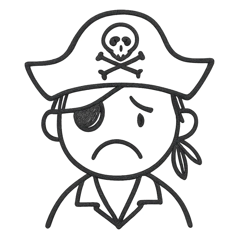 sad pirate, hand drawn black outline style sticker