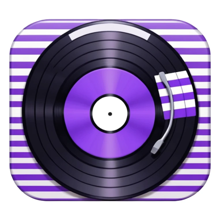 black pixel art vinyl record with a purple and white striped middle label, pixel art sticker