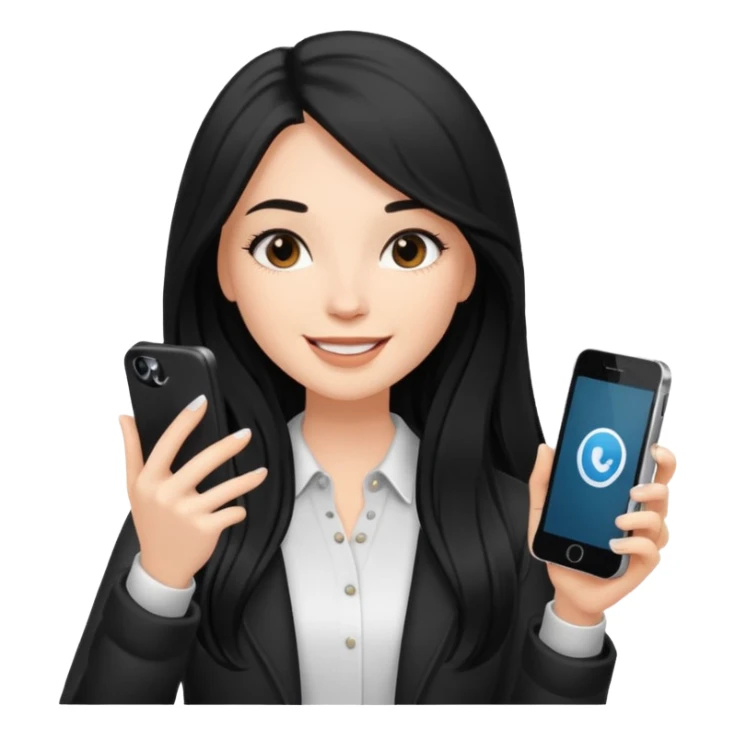 White influencer girl with black long haired, phone in hand, recording herself, confident, trendy, sticker