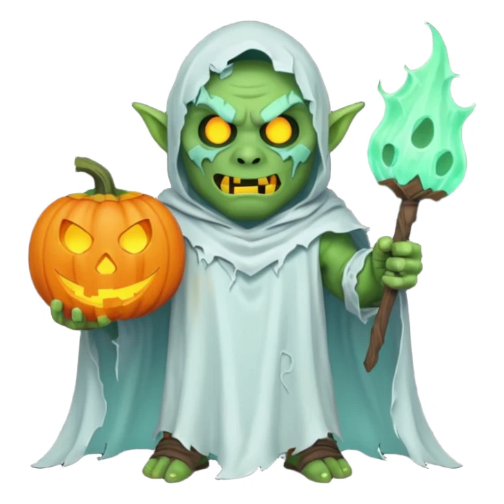 male orc warrior ghost emoji, green skin, wearing torn white ghost sheet costume, holding glowing jack-o'-lantern, faint blue aura, friendly but spooky expression, Halloween fantasy theme, Apple emoji style, clean white background, square sticker