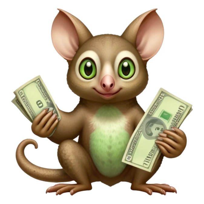 Flying lemur with big ears and green eyes named momo with money sticker