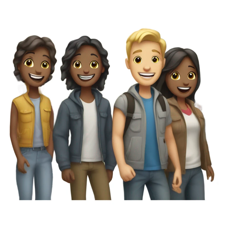 smiling friends outdoors by street sticker