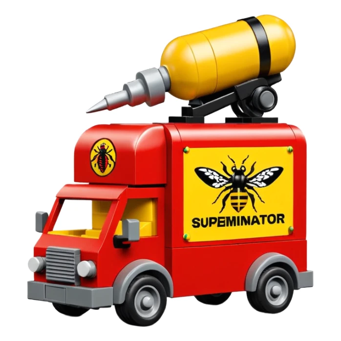 Heroic Lego SuperBug Ron’s exterminator superminator antique tall moving van (motto: Bombing creepy bugs is fun) sticker