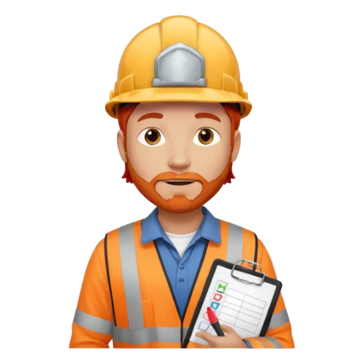 A safety construction worker who is male and has red hair, no beard but slight facial scruff from time to time. He needs a hard hat and maybe a clipboard with a check list for his safety checks. sticker