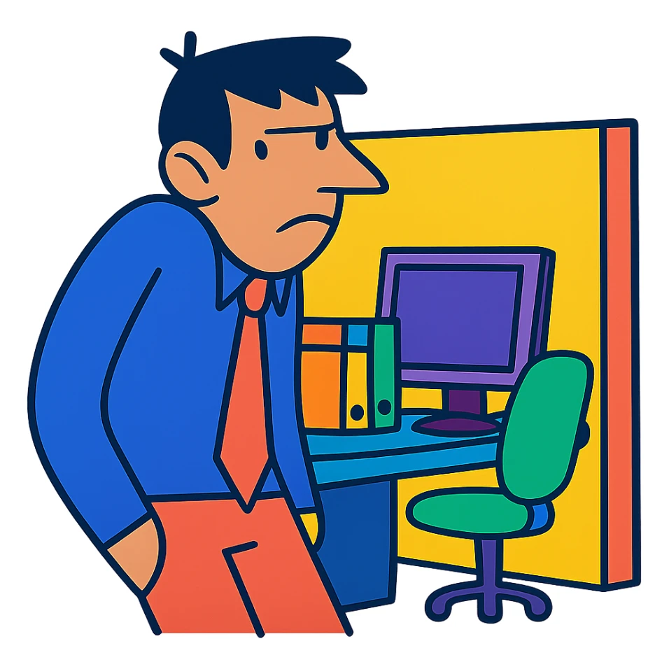 person with exaggeratedly sloping shoulders, looking away, at an office cubicle, symbolizing shirking responsibility sticker