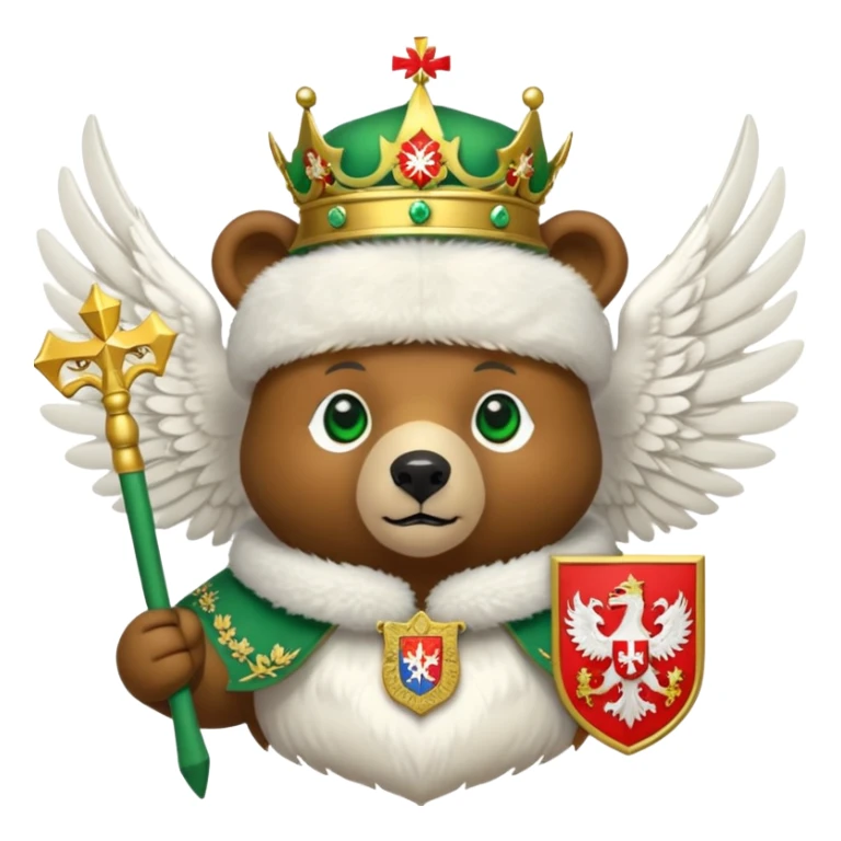 Cute brown bear head with green eyes, wearing white fur ushanka hat with Russian coat of arms: golden double-headed eagle with spread wings, three crowns connected by ribbon, scepter in right claw, orb in left claw, red shield on chest with St. George slaying dragon, iOS emoji style sticker