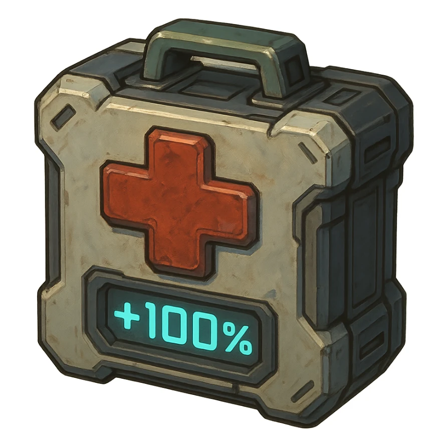 the image is the icon for a videogame pick up item, it is a medkit, medic kit, %100, fututistic cyberpunk, style of: "HALO:  Reach" , quake, Marathon sticker