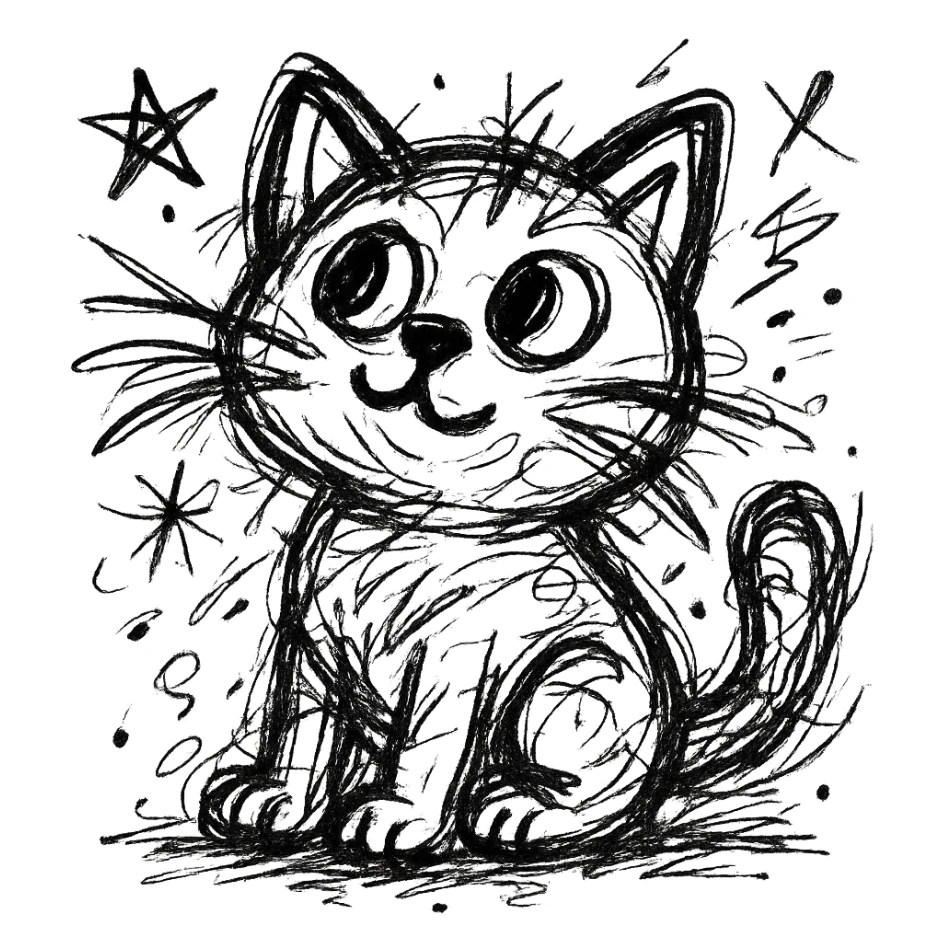 chaotic outlined icon of a cute kitten sitting and looking up, with wild scribbled lines sticker