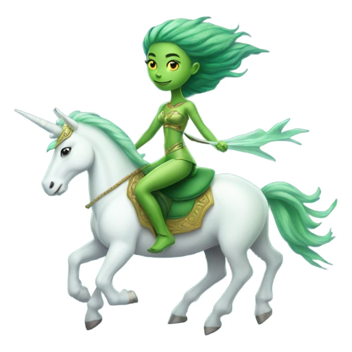 a green amazon alien woman on a white unicorn no woke sticker