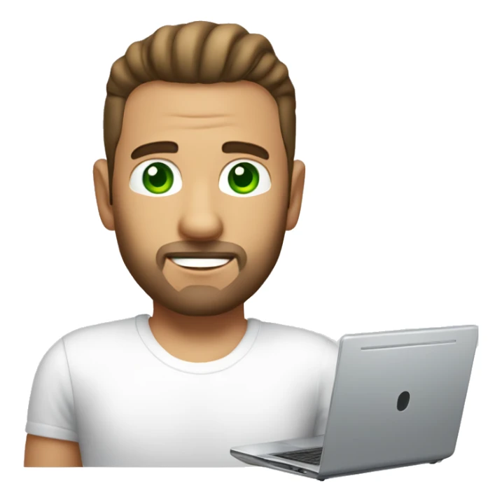 A man with a silver laptop, slick back and a white t-shirt (without beard and moustache, brown hair and green eyes) sticker