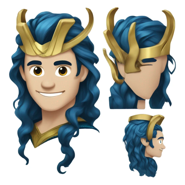 Loki (Tom Hiddleston) from Thor 1, with blue skin, darker blue veins that looks like runes , a horned Gold crown, and medium-length wavy black hair. sticker