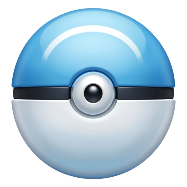 blue pokeball emoji, top half is a more saturated blue, bottom half is white, black stripe, with a white sheen, with a pearlescent finish, with a ice effect sticker