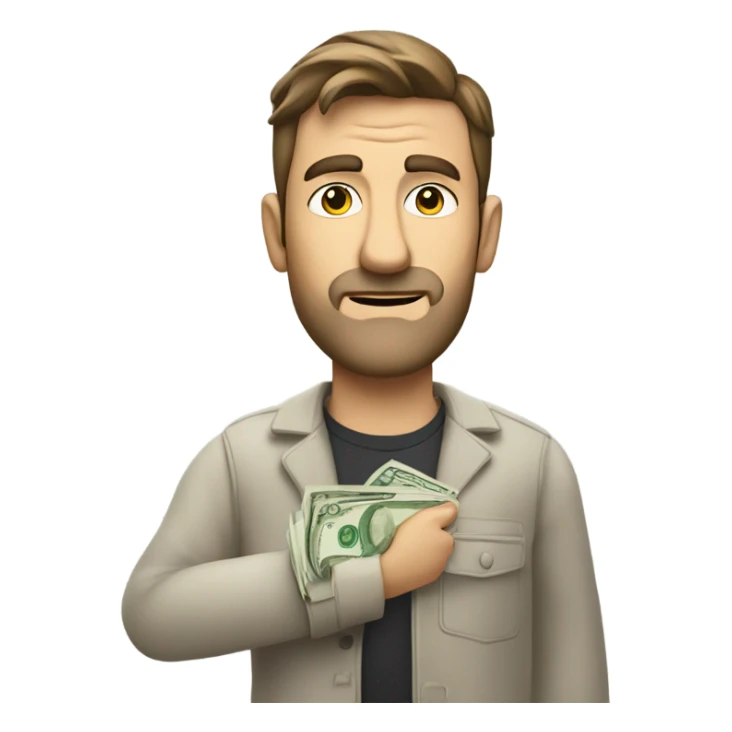 Caucasian Man sticking out his hand with money and a scowl sticker