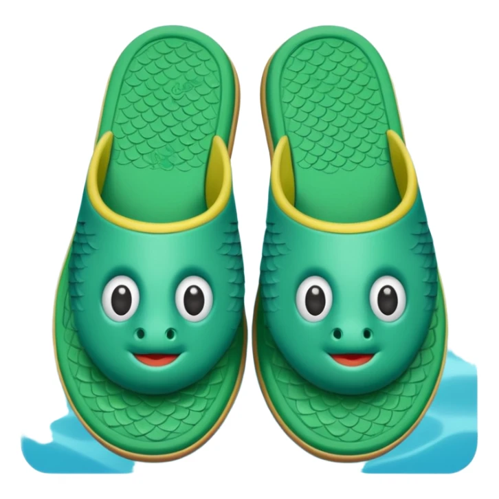 slightly green rubber pool slippers with carp eyes on the top and fish tail in the back sticker