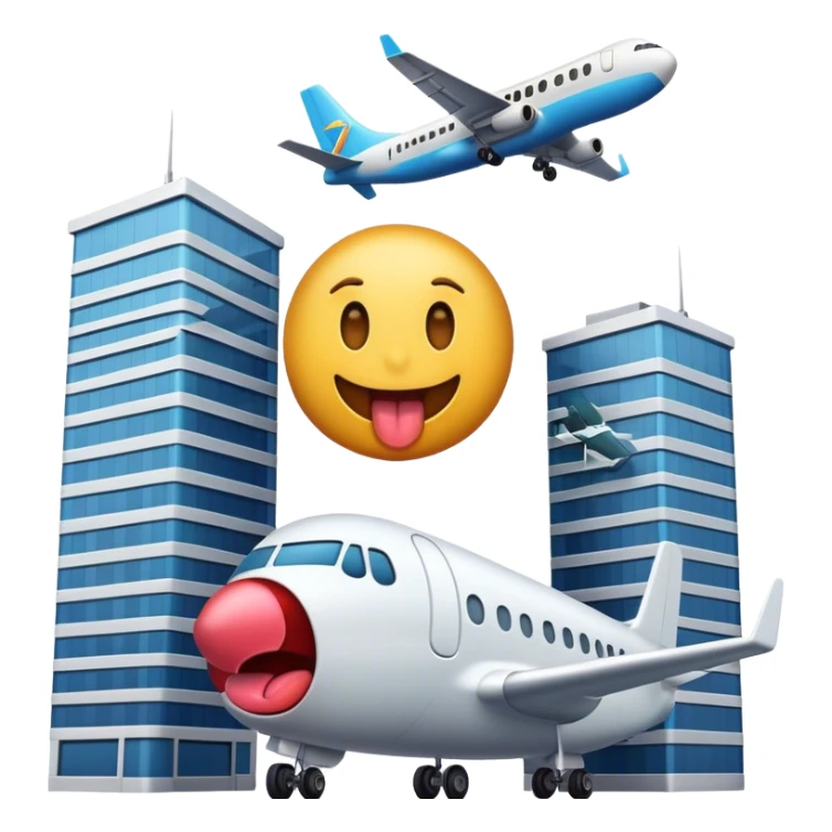 A freaky emoji with its tongue out standing next to two large buildings with a plane heading towards them sticker