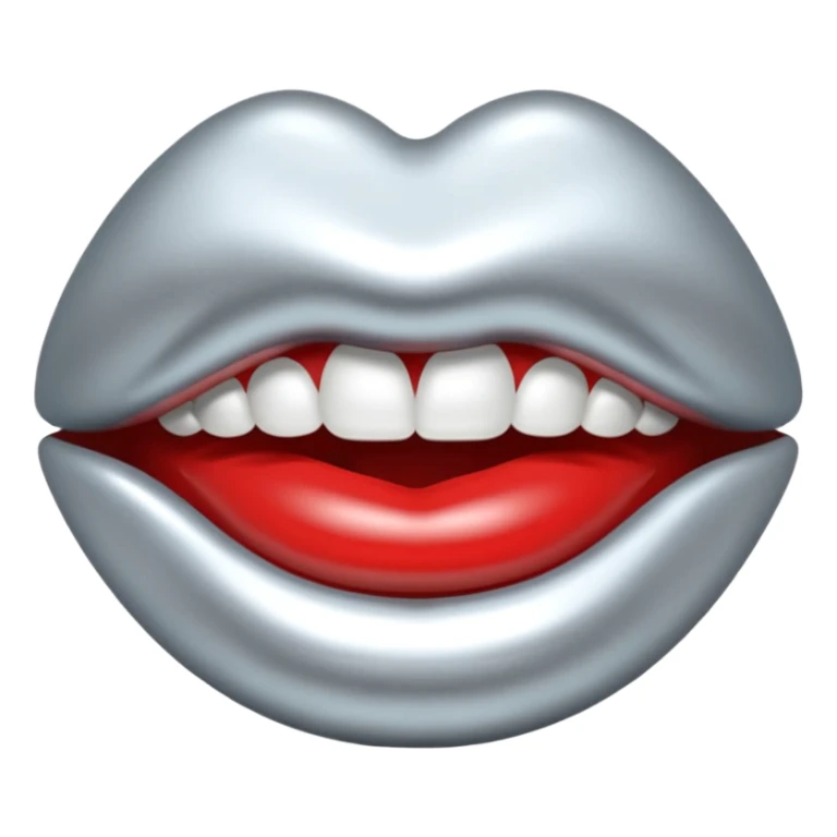 Chrome silver lips emoji, glossy metallic texture, iOS emoji style, smooth reflections, bold but minimal design, centered, silver mouth. all silver sticker