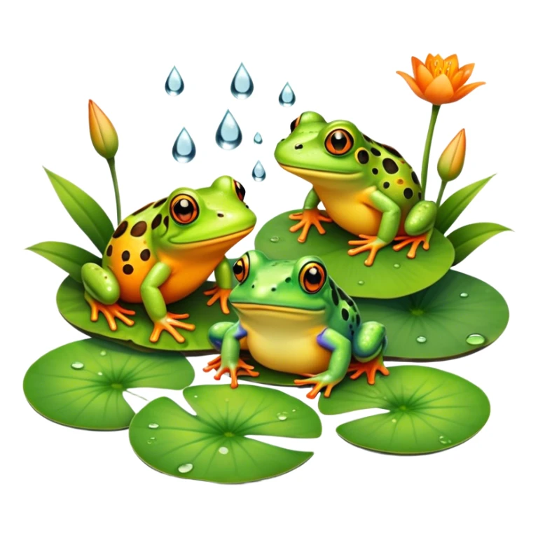 Icon for Amphibians: A colorful collage with various amphibians like a bright green frog sitting on a lily pad, a small salamander with orange spots, and a toad with bumpy skin. Water droplets around them and a pond in the background. Transparent background. sticker