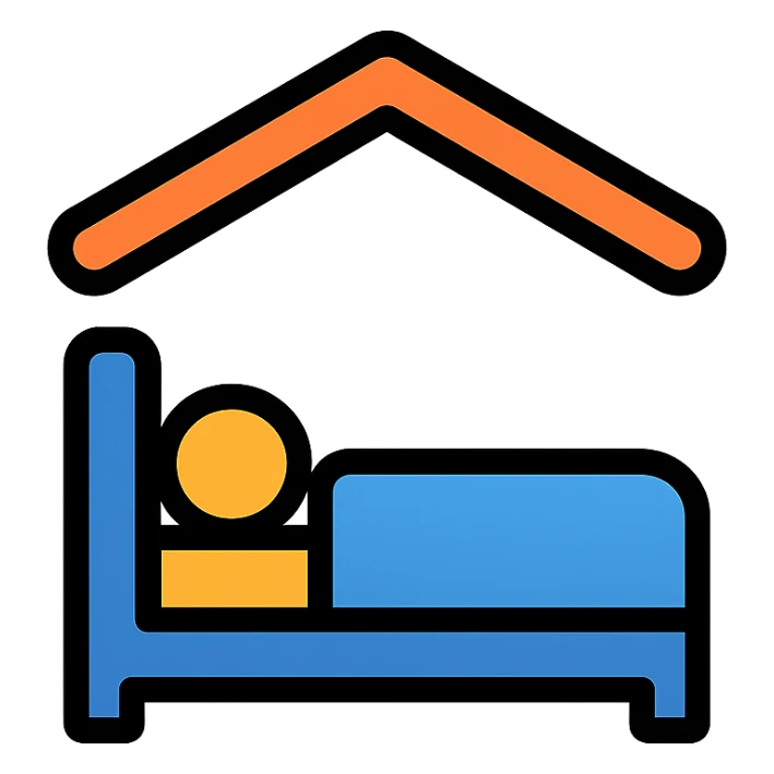 colored icon of a bed with a roof representing lodging sticker