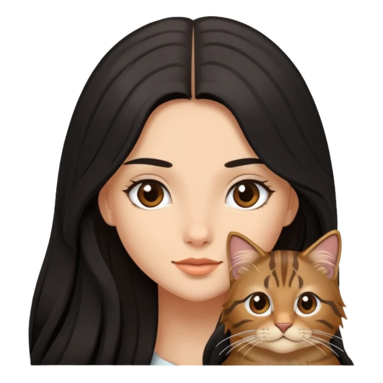 A beautiful girl with long black hair and  a brown long haired tabby sticker