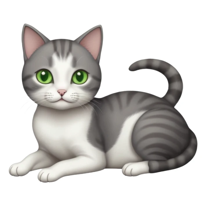 full body tiny short hair dark grey and white cat with white front legs and green  eyes lying down sticker