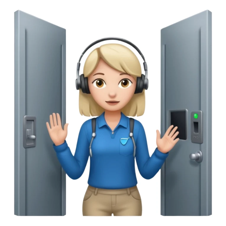 a girl walking through the door into a computer room in an organized manner sticker