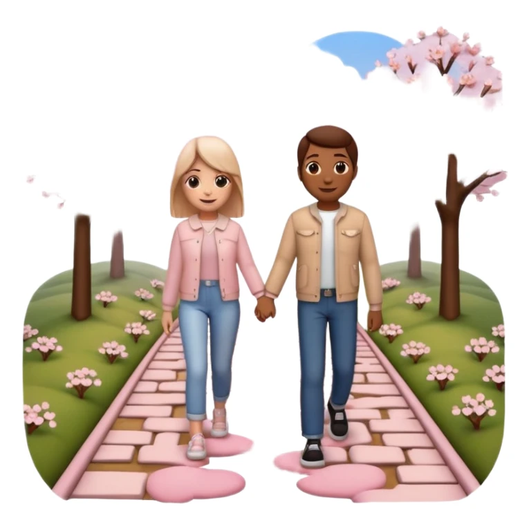 3D emoji-style of two roads merging into one 💞, with cherry blossoms 🌸, floating hearts 💕, soft sunset sky 🌅, and a couple walking hand-in-hand 👩‍❤️‍👨. Romantic and aesthetic vibe sticker