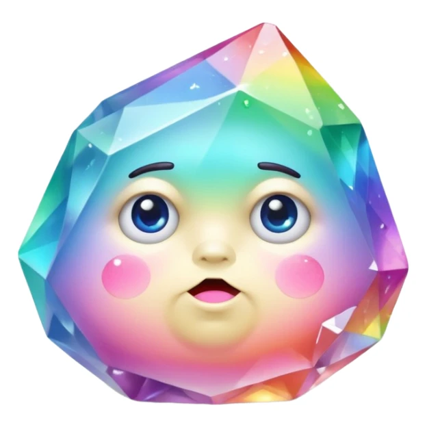 A single pastel rainbow crystal rock character, chubby and heavy with a chunky, irregular polygon shape,covered in faceted crystal planes and small chips, big glossy rainbow eyes  sticker