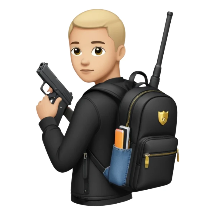 YN in all black, designer backpack, Glock with extended magazine, designer jeans sticker