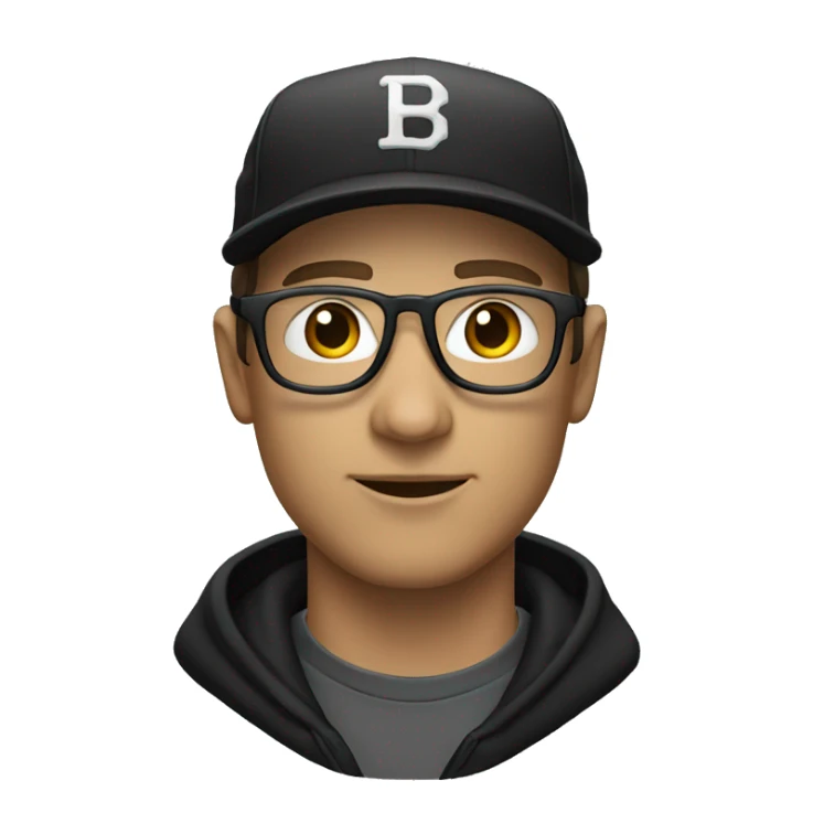 White man in a black baseball cap with a curved brim wearing thin-framed glasses. sticker