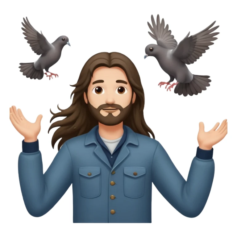 long haired man open arms looking at a flying pigeon sticker