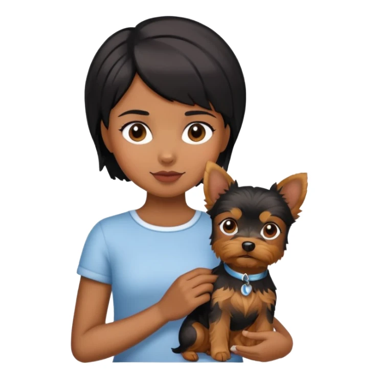 A black short-haired girl holding a Yorkshire Terrier sticker