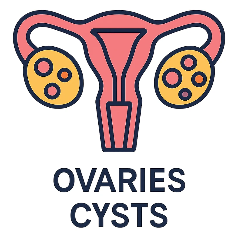 stylized diagram of ovaries showing cysts, labeled, clean lines, modern medical infographic style sticker
