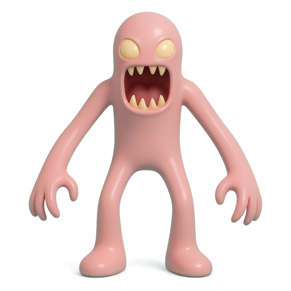 terrifying monster with elongated limbs, gaping mouth with sharp fangs, glowing eyes, shadowy body, toy-like vinyl figure sticker