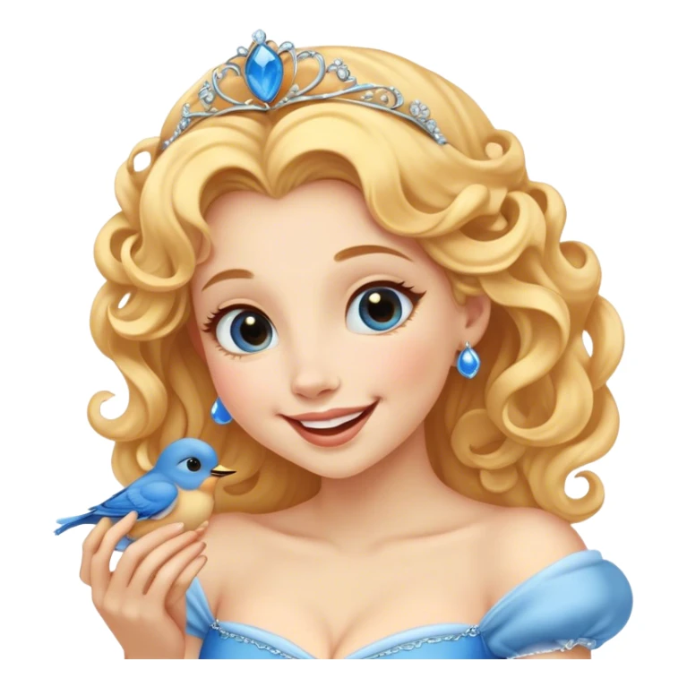 Cinematic Adorable Cinderella Portrait Emoji, Giggling softly while holding a tiny bluebird, golden curls bouncing, eyes sparkling with joy, wrapped in a soft golden glow, exuding warmth and charm, an irresistible blend of beauty and playfulness! sticker