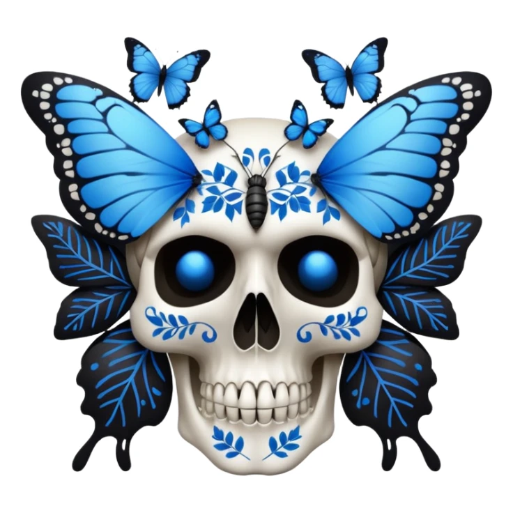 White skull with blue butterflies, leaves, and black intricate patterns sticker