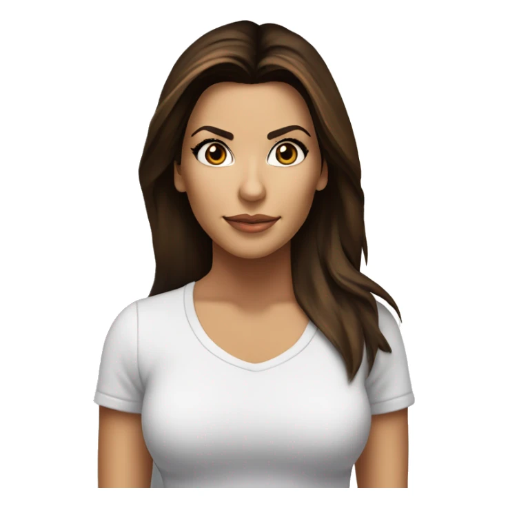 3/4 face, contrasted, shadow, light, Eva Longoria expression, standing from a distance, thin nose, brunette woman, hazel eyes, long eyelashes, dark shoulder shaded hair, white t-shirt, jeans, white sneakers sticker