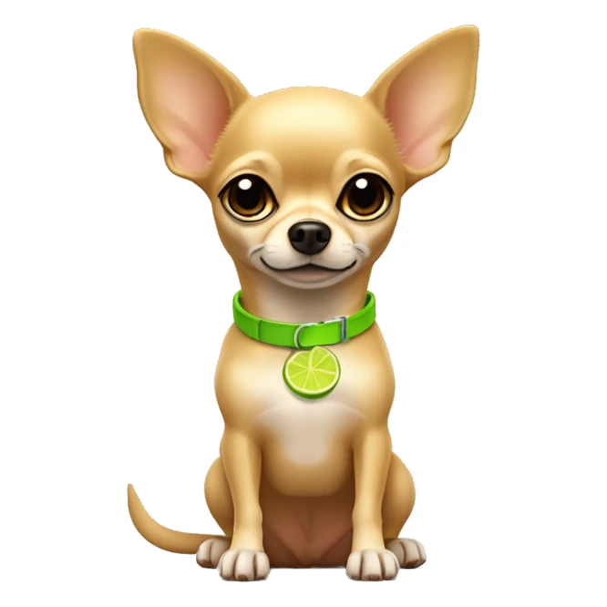 Tan chihuahua sitting with lime green collar sticker