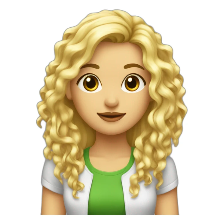 Chica rubia pelo rizado largo y flequillo con ropa verde ldelante ordenador sticker