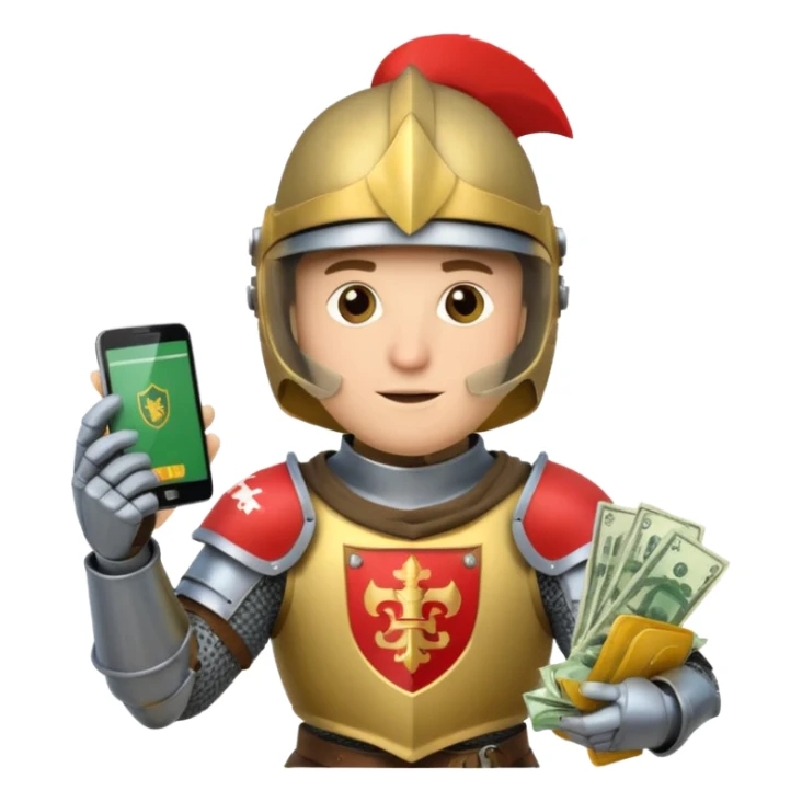 Knight with helmet holding phone and money sticker