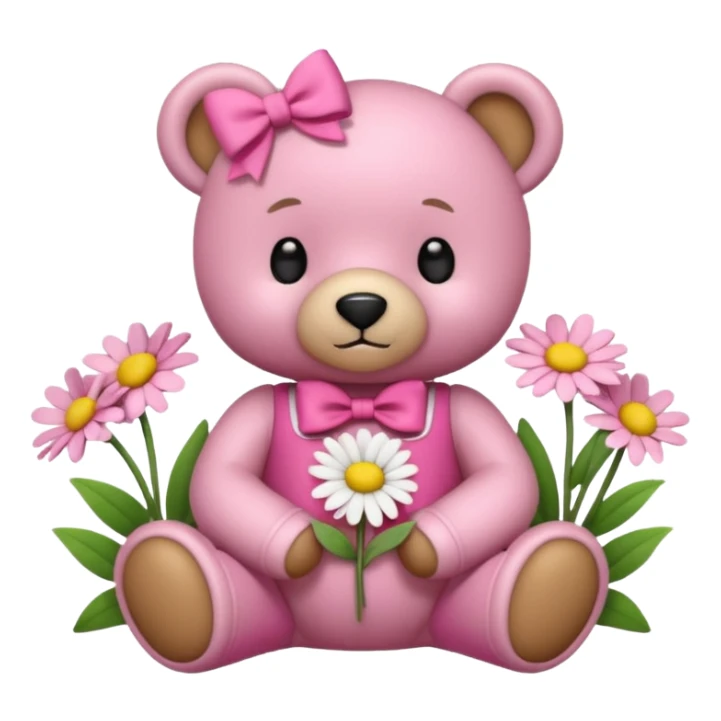 small teddy bear in pink clothes with a bow, holding daisies, sitting among flowers, soft lighting, pink background, 3D iOS emoji style sticker