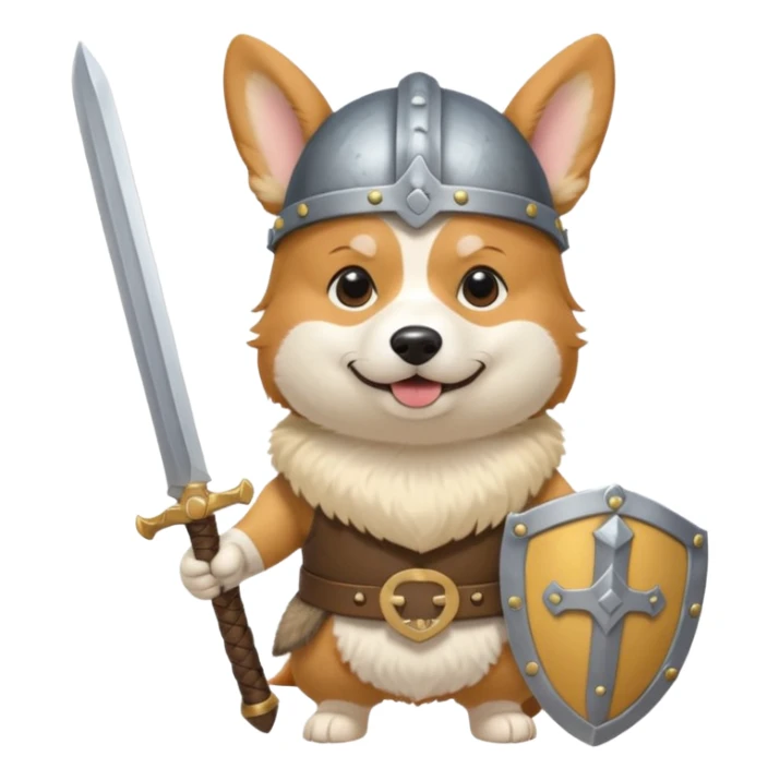 corgi with viking helmet and sword behind sticker