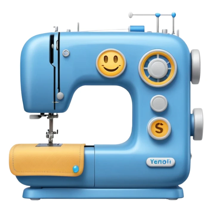 Emoji of a modern sewing machine inspired by a Brother machine. Soft, rounded shapes in the style of Apple emojis, with subtle gradients and soft shadows. White body with light gray details, a blue thread spool on top, a small digital screen and a round dial. sticker