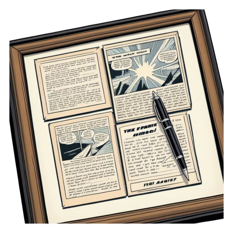 Create a detailed emoji representing the process of writing texts for comic books. The design should feature a large, open comic book with vintage comic strips visible on its pages. A pen should be shown writing text on one of the comic panels, but without a hand. The pencil should appear as though it is actively creating the dialogue or narration. Use a classic color palette with muted tones for the comic book and brighter accents on the pencil to draw attention to the writing process. Do not include any emojis or smiley faces. Make the background transparent. sticker