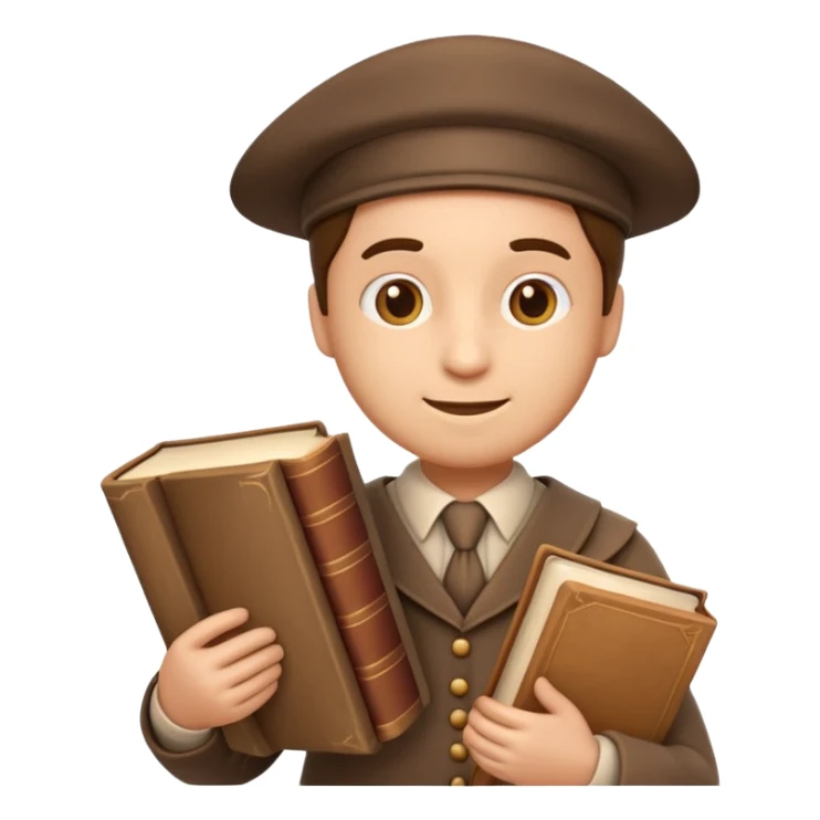 Apple Memoji-style 3D emoji of a historian holding scrolls or old books, soft shading, rounded shapes, no background.
 sticker