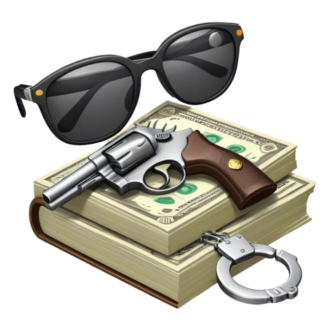 Icon for Action & Crime Reading: an open book, a revolver, handcuffs. Surrounding elements include a dark alley, a police badge, and a pair of sunglasses. The icon should evoke tension, suspense, and action. a stack of cash. Transparent background. sticker