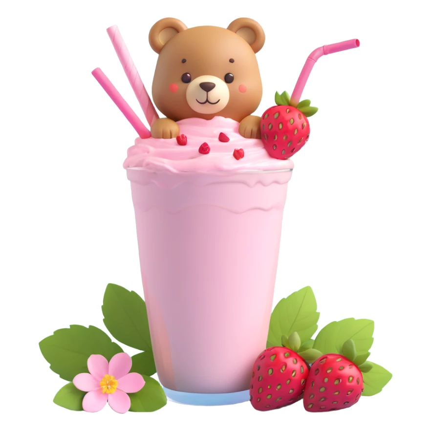strawberry milkshake cup with a straw, cute bear peeking out, two strawberries with green leaves, pink cherry blossom flowers, pastel colors, soft shadows, clean and minimalistic design, 3D iOS style sticker