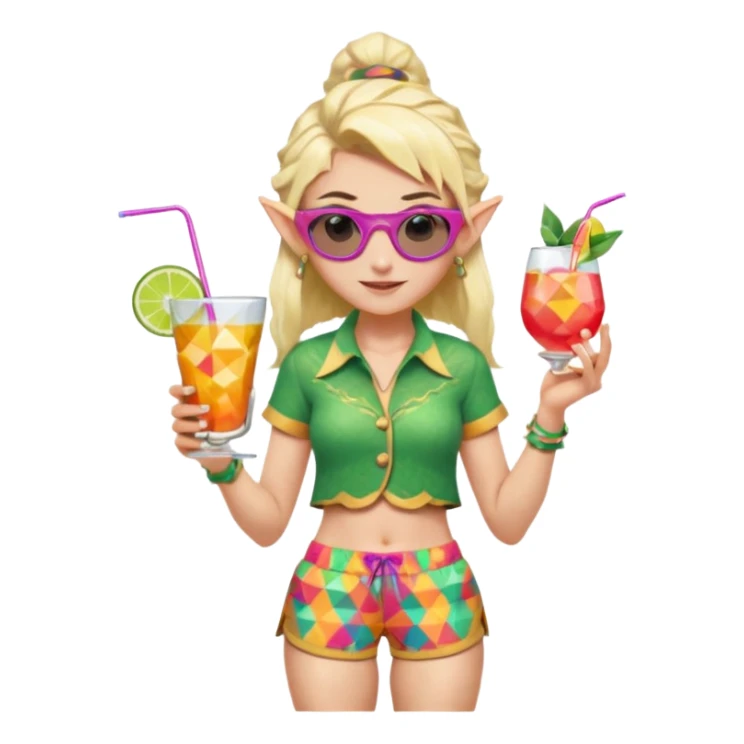 elf female legolas portrait, patterned board shorts (geometric/abstract), unique wooden-framed sunglasses, undercut hairstyle, slight smirk, visible pointy ears, no background, centered emoji, hipster summer vibe coctails sticker