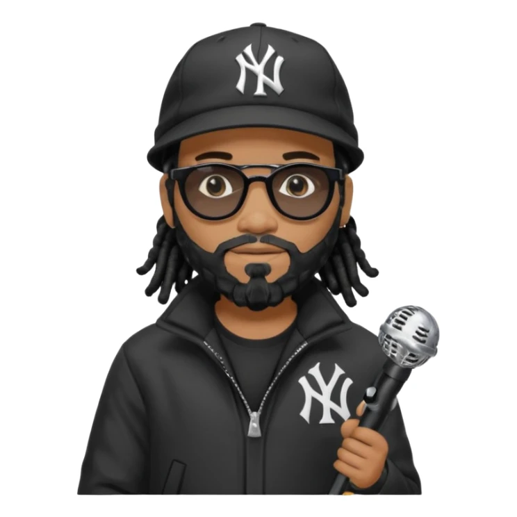 African American Man with shoulder length black dreadlocks with black beard wearing black sunglasses wearing a black bubble winter coat and a New York Yankees logo baseball cap in recording studio sticker